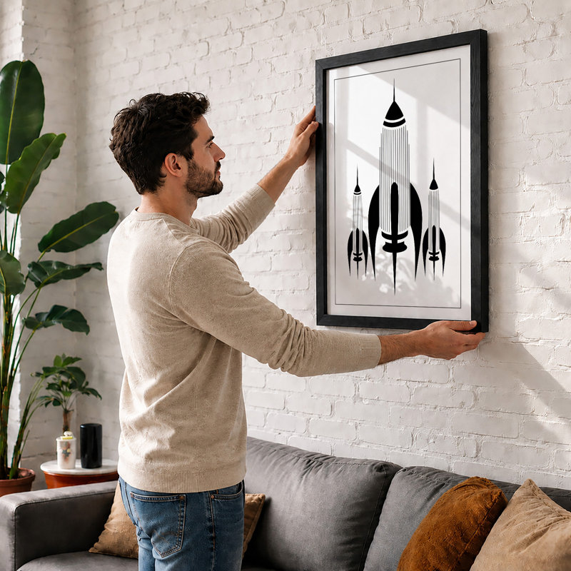 Rocket Fleet Ascent Mid-Century - Framed Print, A2 - 59.4 x 42.0 cm, Oak