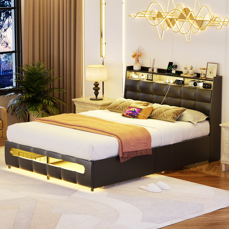Upholstered Bed Frame With Drawers With Storage Headboard,Charging Station LED Light, Full, Black