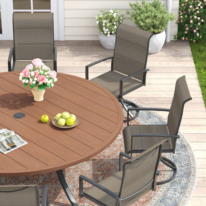 63" Patio Dining Set with 8 Textilene Foam-Padded Swivel Chairs, Brush Wood Brown/Black/Brown