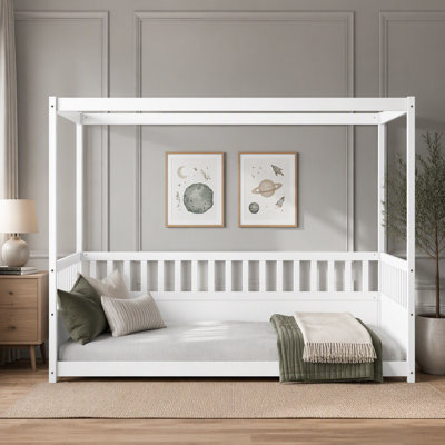Lit à baldaquin en bois avec barrières de sécurité pour enfants, lit Montessori à quatre colonnes pour filles et garçons
