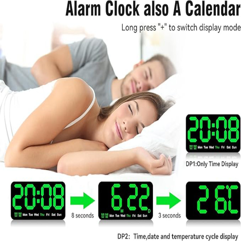 Large Digital Wall Clock,9.5 Inch,Led Alarm Clock With Big Digits,DST,Dual Alarm,3-Level Brightness For Living Room Bedrooms Classroom Decor-Green
