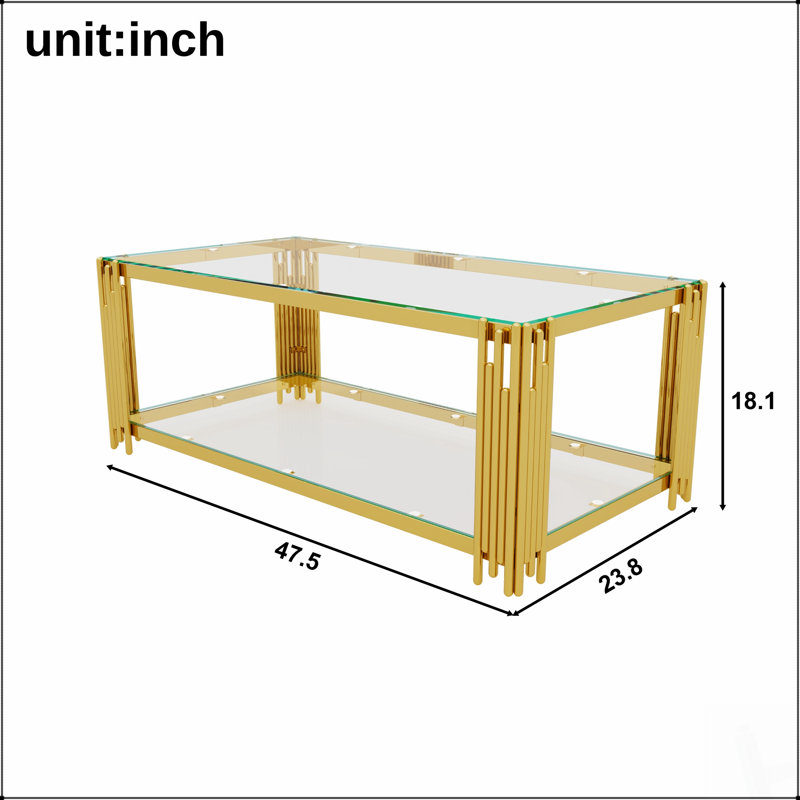 Ensemble de 3 tables de salon avec 1 table basse et 2 tables de bout, rectangulaire, verre trempé, métal asymétrique, finition dorée et tablette inférieure