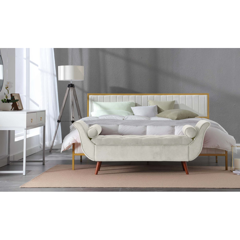 Banc de rangement rétro capitonné de 65 po de long avec design rétro classique, Beige, Brun