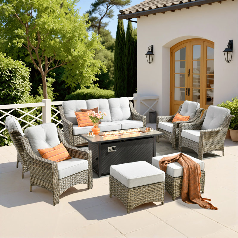 Daliya Wicker 7 - Person Patio Conversation Set with Cushions, Light Gray