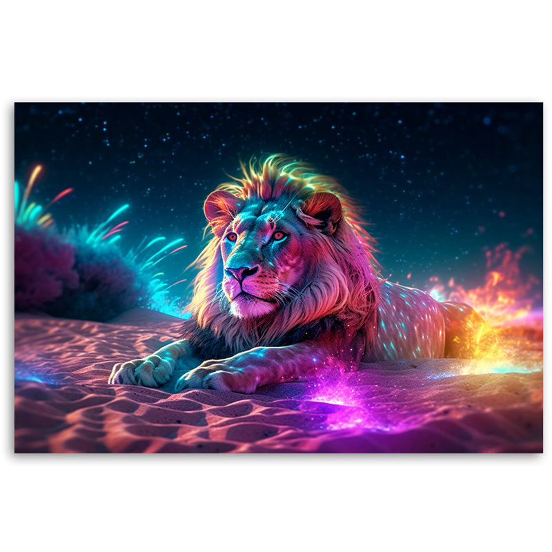 Picture, Neon Lion, Nature, Abstraction - No Frame Print on Canvas, 80cm H x 120cm W