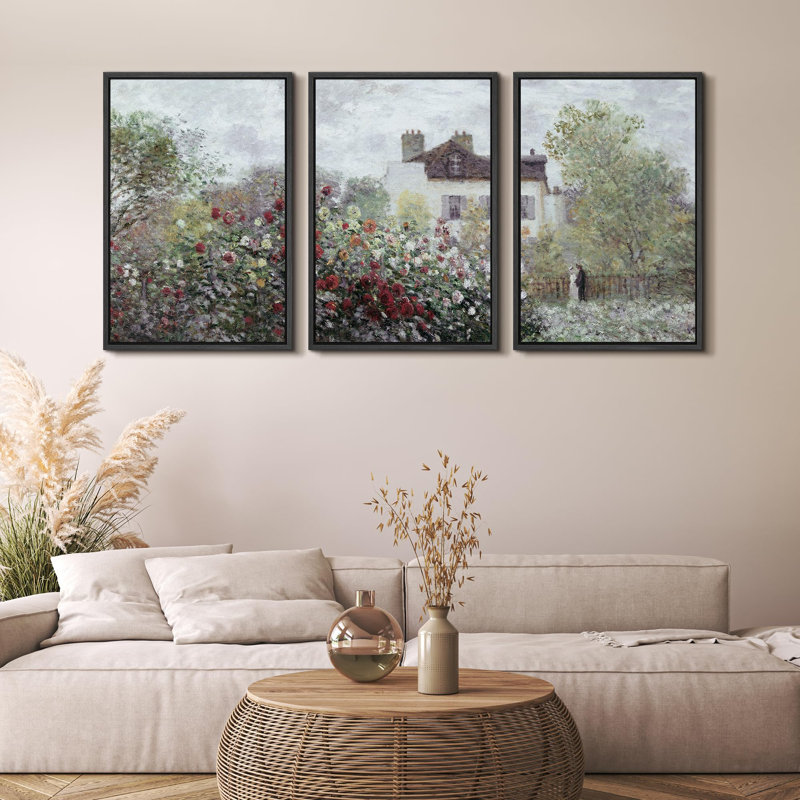 «Enchanted Garden Blossoming Roses, Vintage Cottage Charm Nature Wilderness Illustration Decor», 3 pièces sur toile