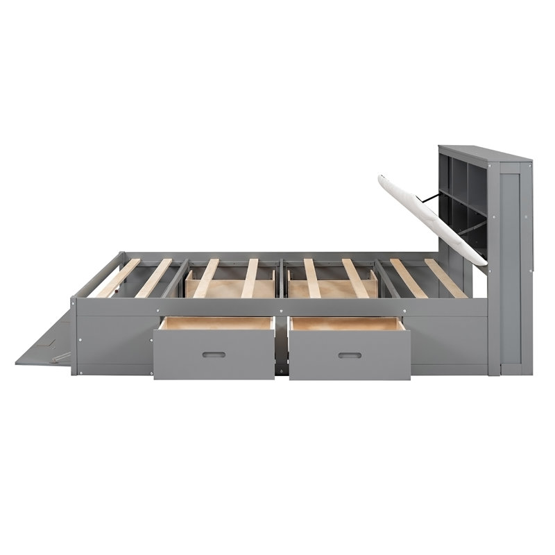 Grand lit plateforme en bois avec tête de lit, étagère à chaussures et 4 tiroirs, Gris