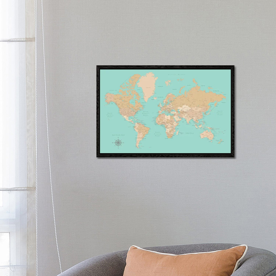 Vintage Style Teal And Brown World Map With Cities by Blursbyai - Gallery- Giclée on Canvas