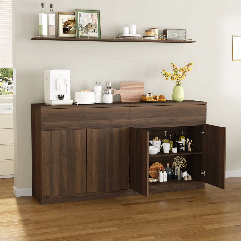 Buffet de 63,1 po avec rangement, grande armoire de rangement avec 2 tiroirs et 4 portes, table basse en bois pour la salle à manger, noyer