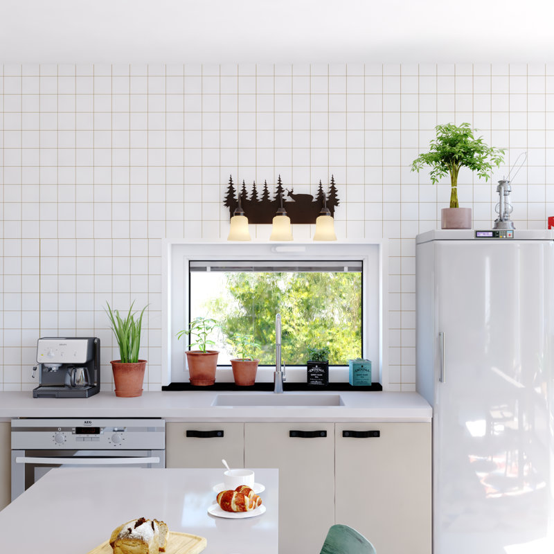 Homar 3-Light 24.75 inch Wide Burnished Bronze Rustic Cabin Bathroom Vanity Lighting Fixture, Amber Flake Glass Shade, Deer and Trees, Dimmable, LED Compatible, Over the Mirror Wall Mounted