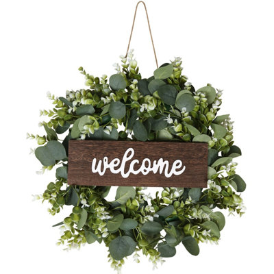 Welcome Wreath for Front Door - Eucalyptus Greenery Wreath with Welcome Sign