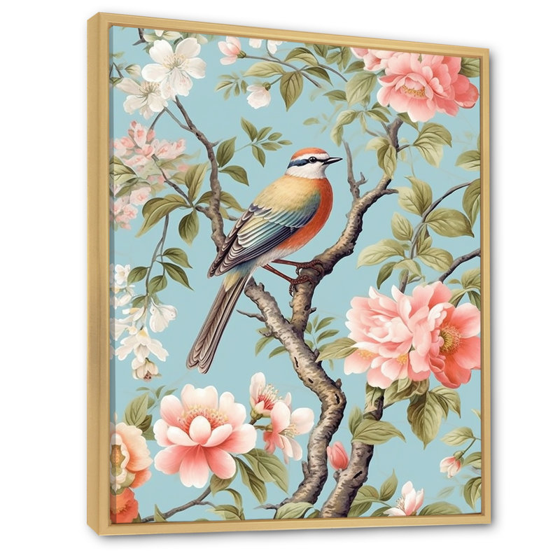Chinoiserie, oiseaux et pivoines II, H 44 po x l 34 po x P 1,5 po, Cadre naturel flottant