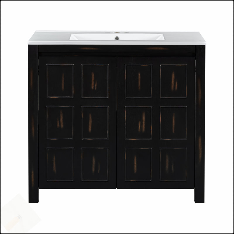 Organisateur de meuble-lavabo 36 po avec lavabo en céramique, armoire de rangement en bois rustique, Espresso