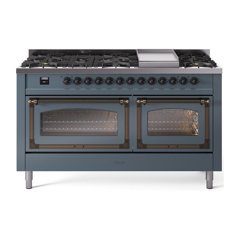 ILVE Nostalgie II Noblesse 60 in Dual Fuel Range, 9 Burner, Griddle, Blue Gray/Burnished, Natural Gas