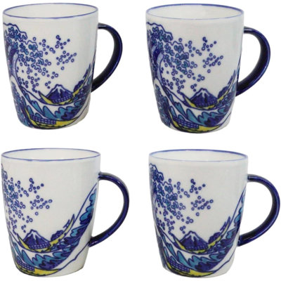 Pack Of 4 Japanese Hokusai Great Wave Mount Fuji Mug Cups 12Oz