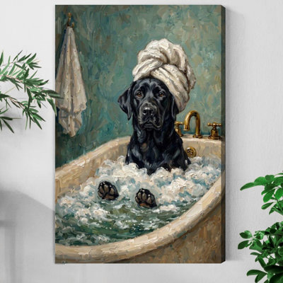 1pc Framed Canvas Wall Art Prints Poster, Dog in Bathtub Art, Black Lab Poster, Funny Dog Bathroom Art Posters Canvas Print Painting for Living Room Bedroom Office Bathroom Dorm Home Decor, Ready To Hang