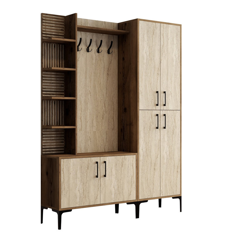 Modern Hall Stand with Numerous Shelves, Walnut & Travertine Finish, 35.4 x 78.7 x 13.8 inches | 100% Melamine Coated Particle Board, Thickness: 0.7 inches | Wall-Mountable Design, Elegant & Space-Saving Solution