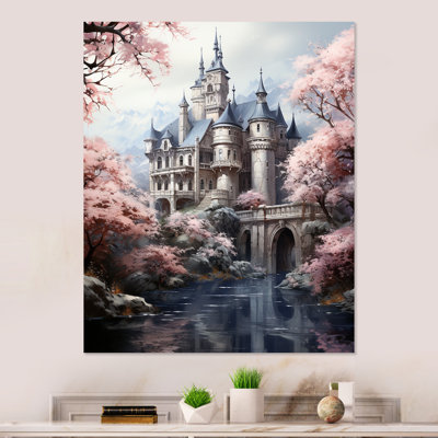 Château de conte de fées rose et gris - art mural fantastique en métal