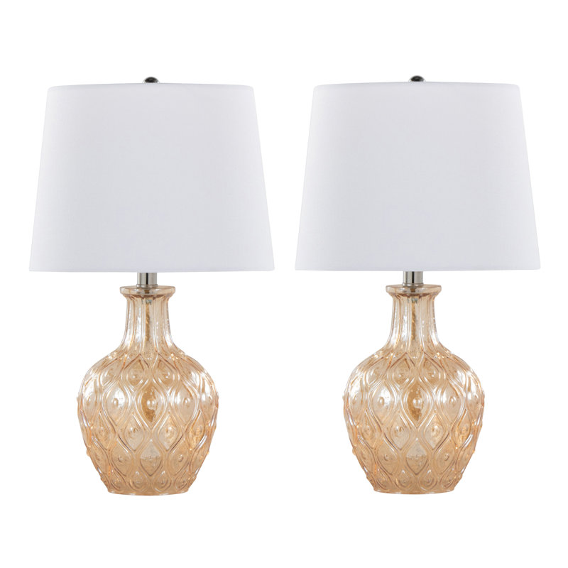 Ensemble de 2 lampes d'appoint rondes contemporaines en verre de 20 po avec base lustrée champagne et abat-jour en lin blanc