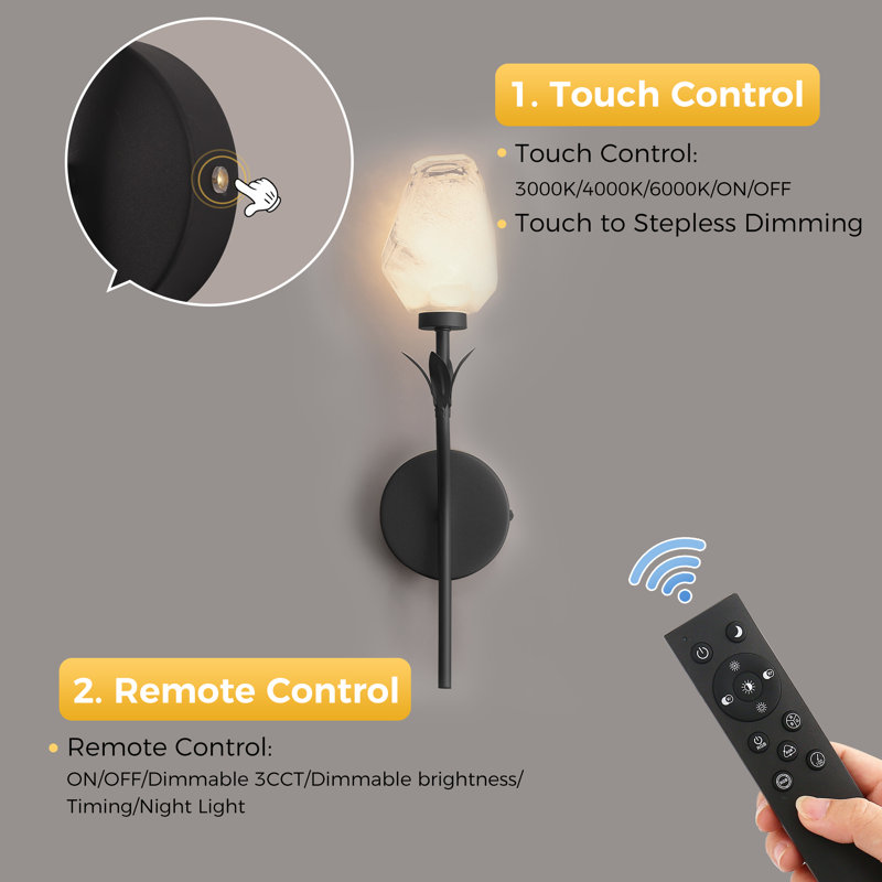 18.7'' Battery Operated Novelty Wall Mounted Sconce Light With Flower Shade, Armed Sconces Dimmable & Timing, Matte Black