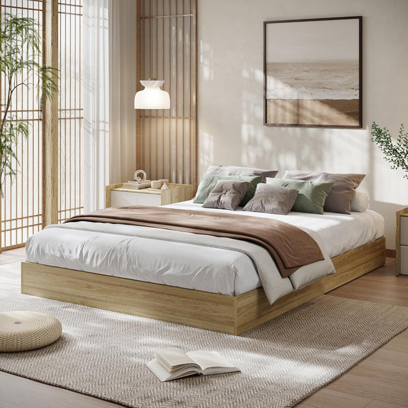 Très grand lit plateforme, lattes en bois, base de lit au sol, minimaliste moderne, sans sommier, brun clair doré
