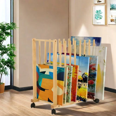 Étagère de séchage et de rangement d'art en bois à 7 couches avec roulettes verrouillables, organisateur de toile de plancher pour la présentation de la galerie de studio, finition en bois naturel