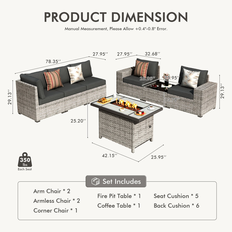5-Person Outdoor Sectional With Cushions And Fire Pit,All-Weather Wicker Patio Set, Black