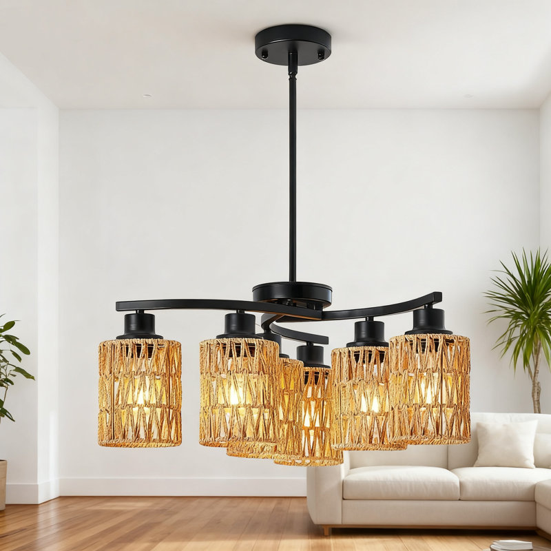Lustre bohème 6 lumières de style campagnard avec abat-jour en rotin tissé à la main, luminaire suspendu à hauteur réglable pour base de îlot de cuisine E26