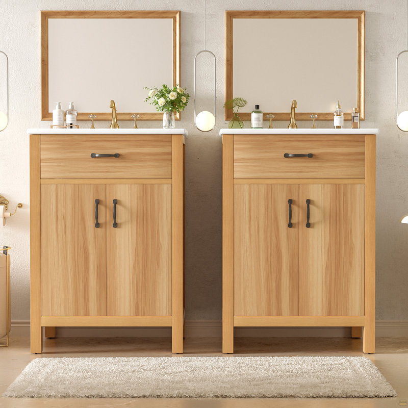 Meuble-lavabo 48 po avec cadre en bois massif, tiroir rabattable, 4 portes à fermeture douce avec rangement pour porte, tablette réglable et meuble-lavabo moderne