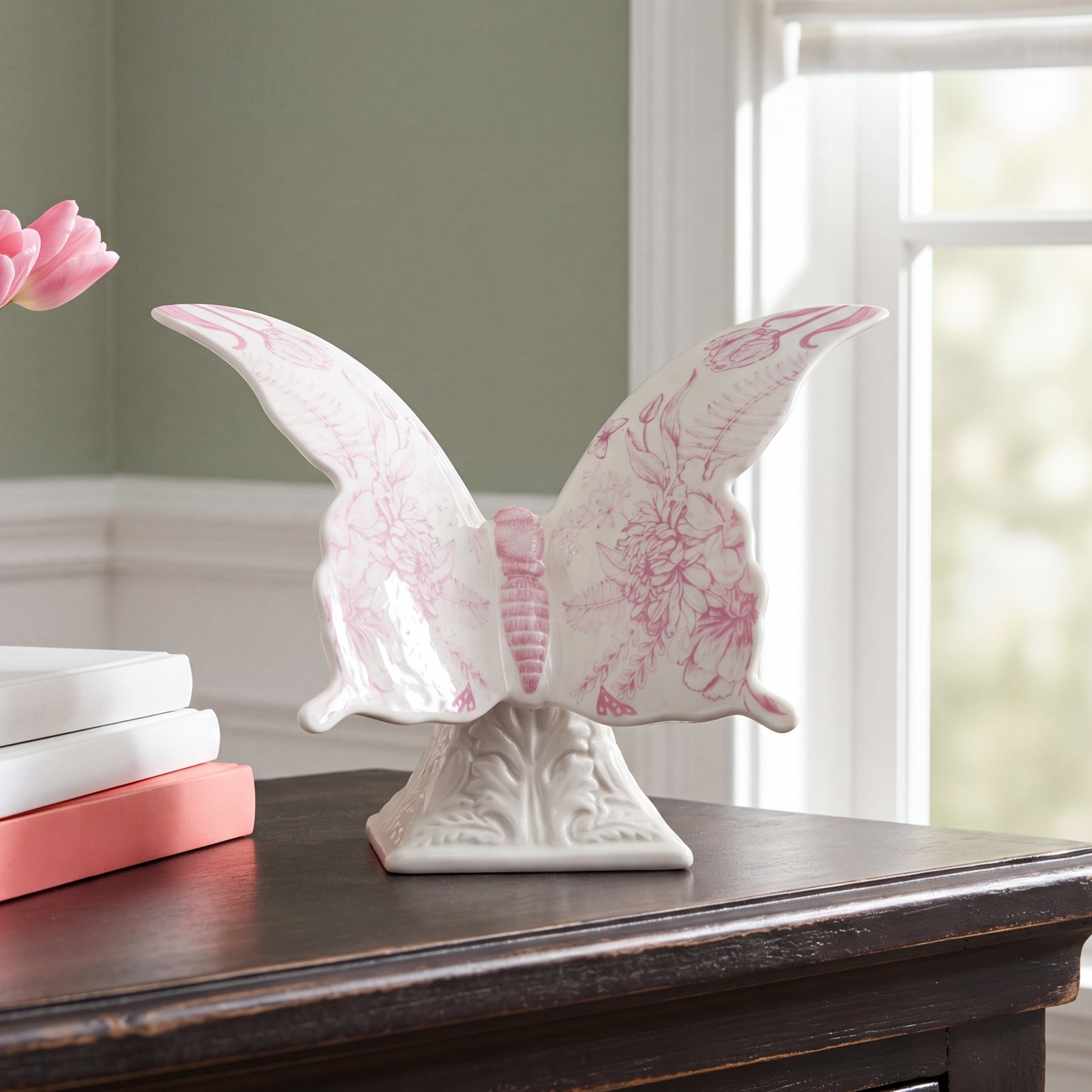 Hughes Dolomite Butterfly on Pedestal Decor, White/Pink