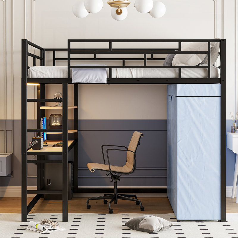 Lit mezzanine en métal avec bureau, tablettes, prise de courant, lumière DEL et garde-robe, Lit double