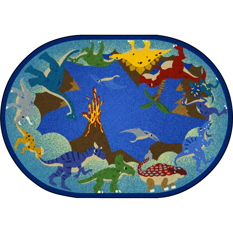 Blue Oval Tufted Synthetic Dinosaur Area Rug