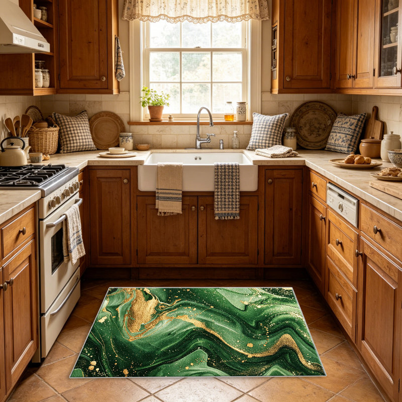 Green Gold Marble carpet-easy to clean, machine-washable, soft and comfortable; suitable for door mats, kitchens, living rooms, bedrooms, corridors, and laundry areas. Easy to clean, durable carpet for home decoration.