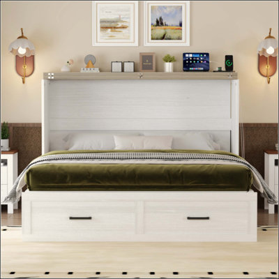 Lit ferme Farmhouse avec station de charge, lit plateforme pliable avec grand tiroir de rangement pour chambre d'amis, petite chambre