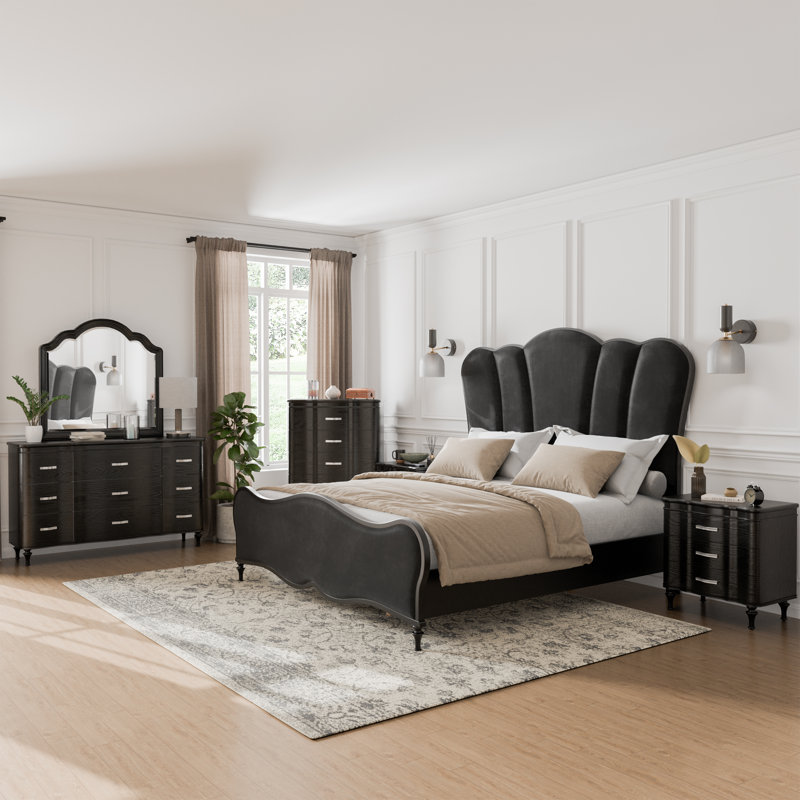 Ensemble de chambre à coucher 6 pièces, Grand, Noir, 6 pièces: lit, commode, commode, miroir, 2 tables