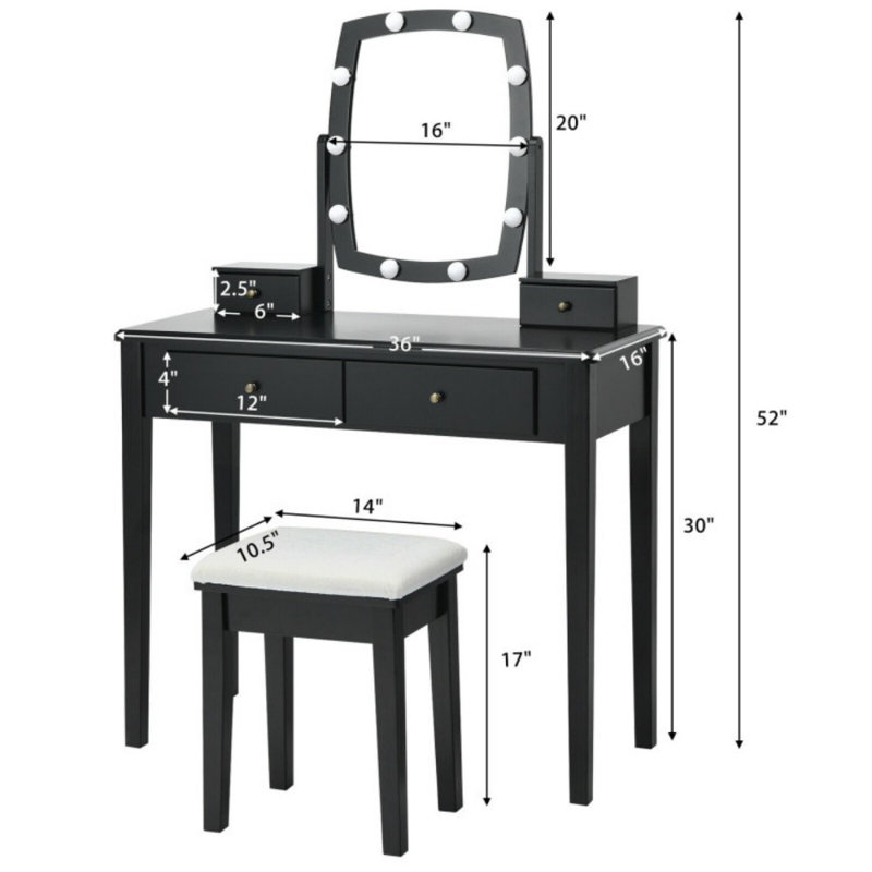 Vanity Table Set with Lighted Mirror for Bedroom and Dressing Room, Black