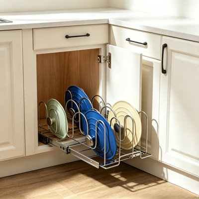 Pull Out Pot Lid Organizer for Cabinet, Heavy Duty Steel Lid Holder with Smooth Ball Bearing Slides, Adjustable Lid Storage Rack