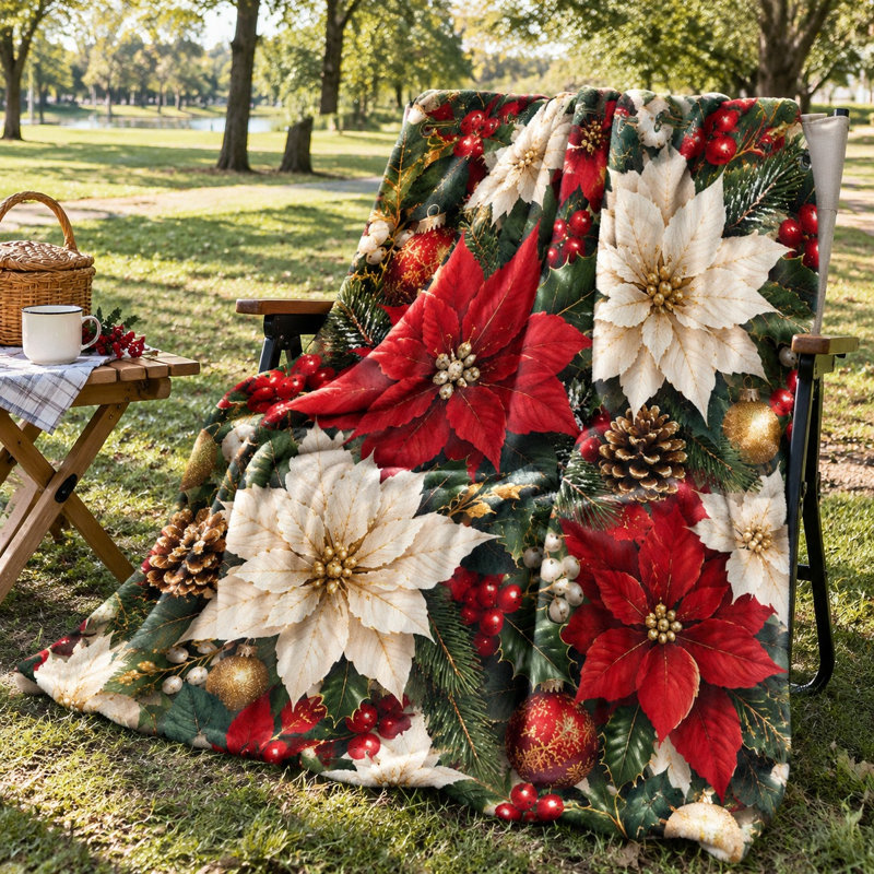 Festive Poinsettia Christmas Throw Blanket, Cozy & Decorative Plush Bed Blanket for Sofa Couch Bedroom Living Room Holiday Home Decor