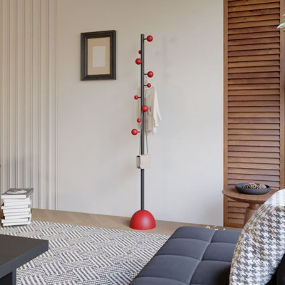 Iron Coat Rack With Colorful Accents, Modern Freestanding Hall Tree With Mushroom Base & Smooth Hooks For Entryway & Bedroom - Red Base Black Pole