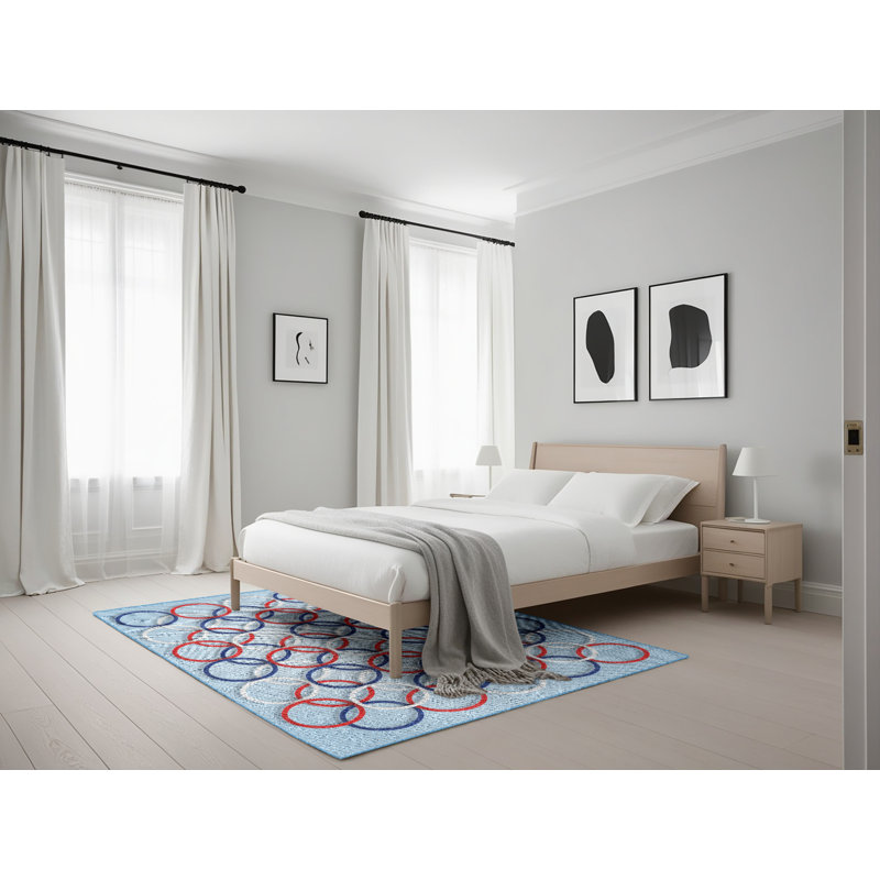 Tapis bleu à motif géométrique, Rectangle 5 pi x 7 pi