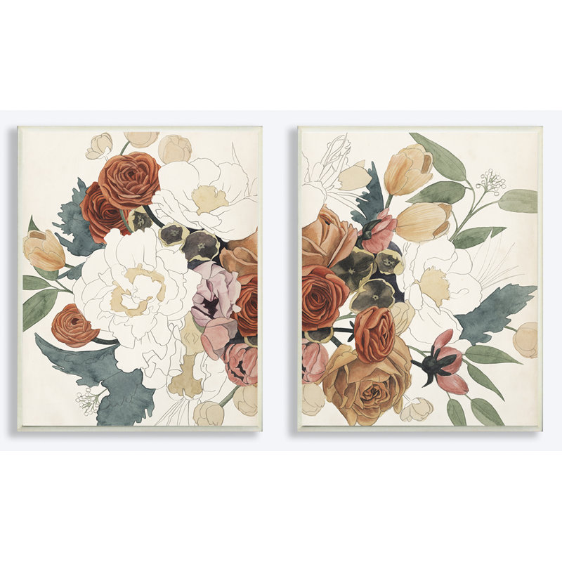 «Soft Magnolia and Rose Floral in Cream Rust and Yellow Tones» par Grace Popp, ensemble de 2 impressions, Plaque murale