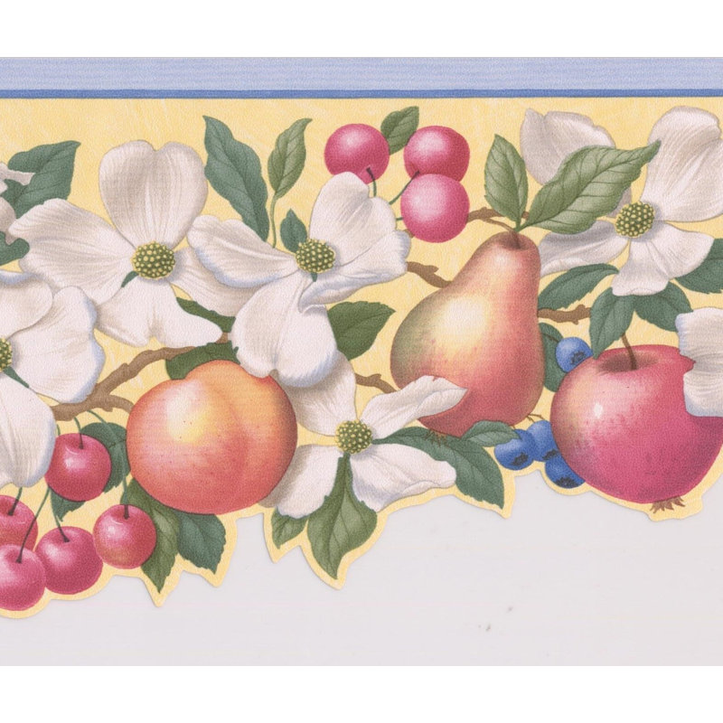 Bordure de papier peint à motif de fruits, poire, cerise, pêche, bleuet et fleurs