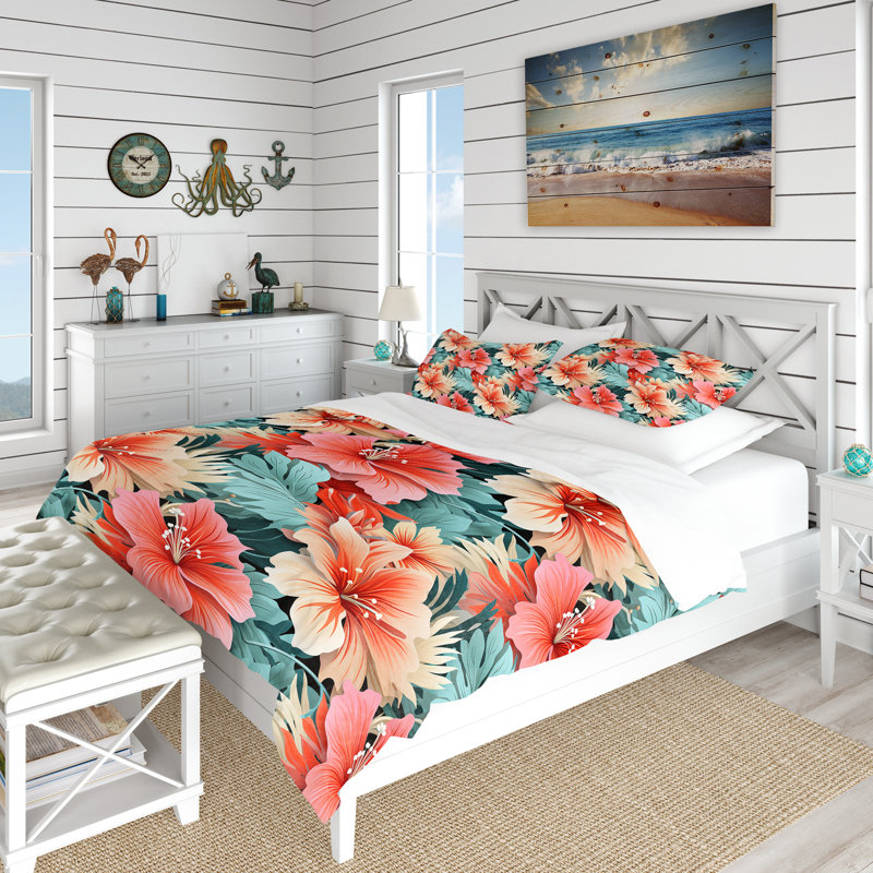 Coral Mirage Vi Tropical Pattern Floral Duvet Cover, King Duvet Cover + 2 King Shams