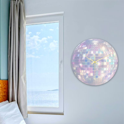 Stylish Iridescent Square Mosaic Tiles On Spherical Disco Ball Surface Ultra Clear Glass Wall Clock