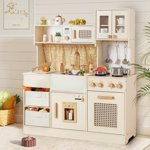Kids Wooden Play Kitchen Set With Stove Sink And Ice Maker, Pretend Cooking Kitchen With Storage Bins And Accessories For Toddlers And Children