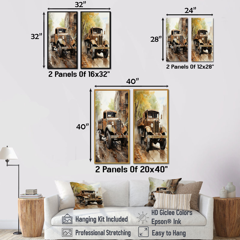 1950 1950 - Camion de livraison brun - ensemble de 2 reproductions d'art mural, H 40 po x l 41 po, Toile tendue