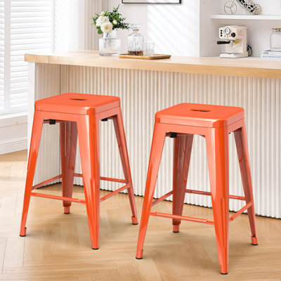 Stackable Metal Bar Stools Set of 2, Counter Height Bar Stools 24 Inches Industrial Bar Chairs Patio Stool, Backless Stool Indoor Outdoor Classroom Kitchen Stools Bar Chairs