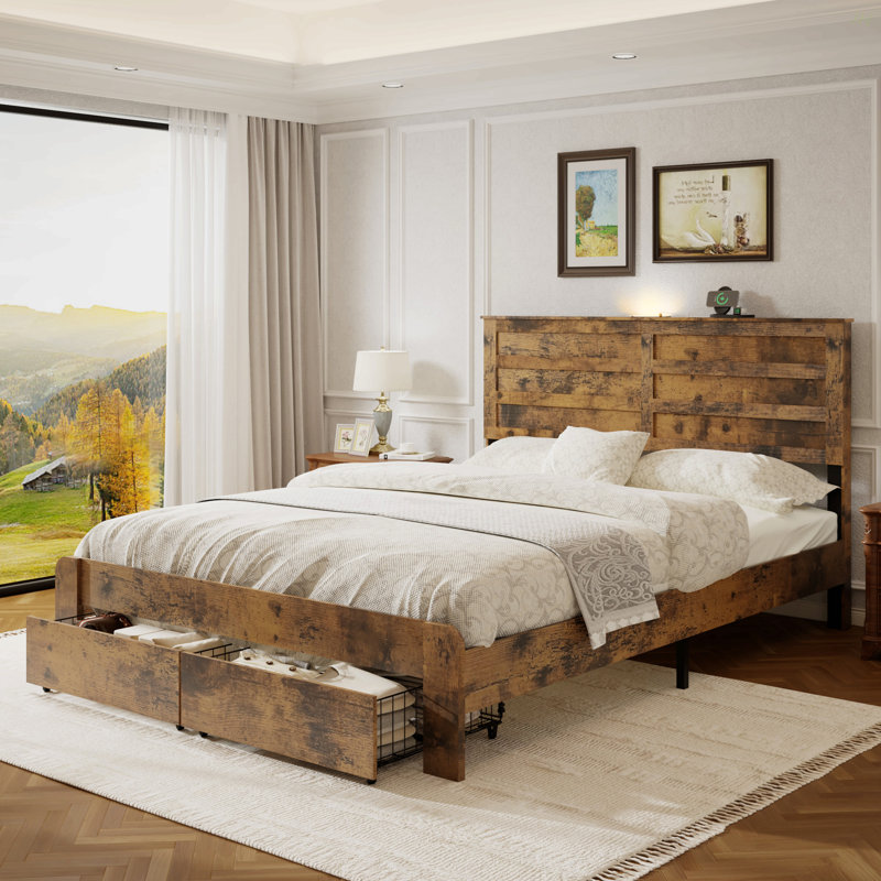 Grand lit plateforme Rustiq avec rangement sous le lit et conception silencieuse, Grand lit