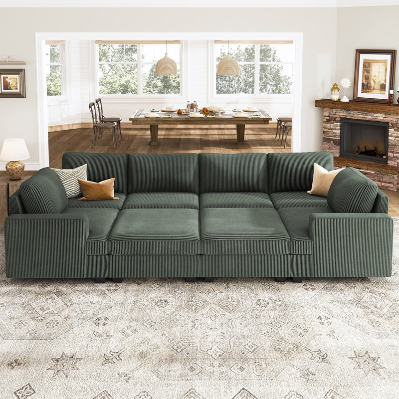 Canapé-lit modulaire en U avec espace de rangement Anureet, Velours côtelé vert, H 35 po x l 120,6 po x P 65 po