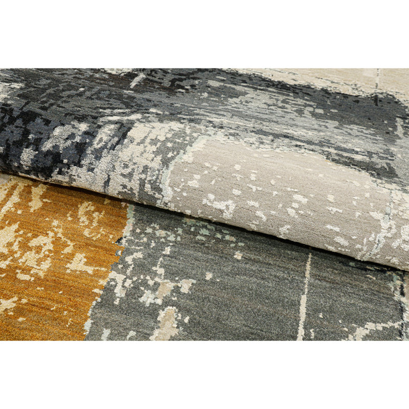 Hand Knotted Abstract Area Rug in Beige/Charcoal/Yellow, Rectangle 8' x 10'